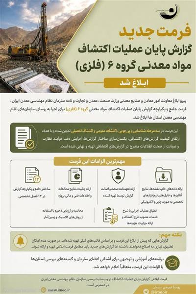 فرمت جدید گزارش پایان عملیات اكتشاف مواد معدنی گروه ۶ (فلزی) ابلاغ شد
